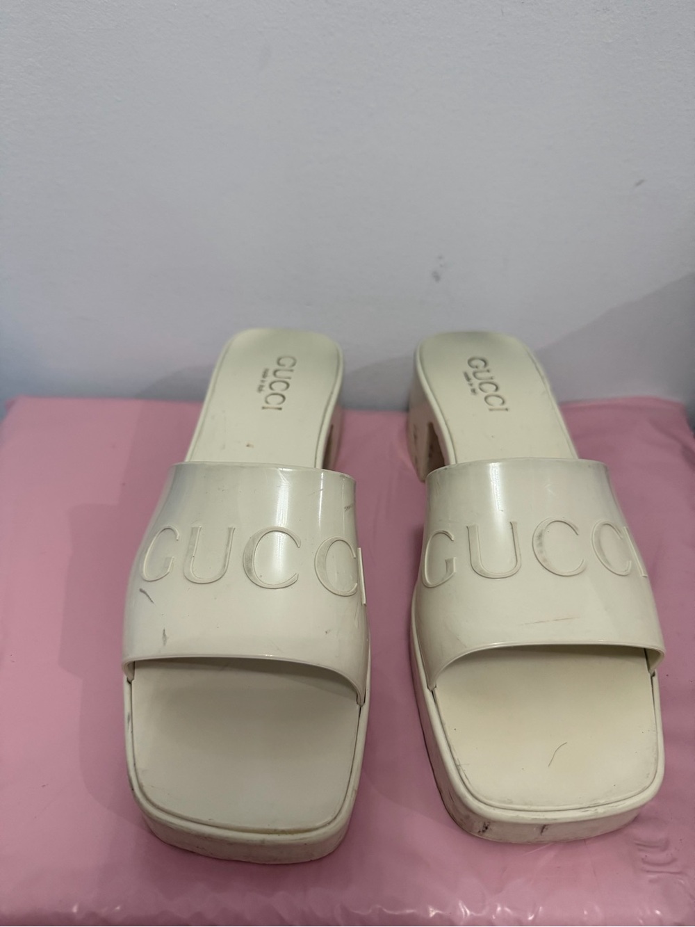 Gucci Cream Embossed Logo Slide Mules